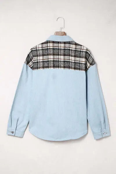 Plaid Pocketed Button Up Denim Jacket - Trendsi - Flyclothing LLC
