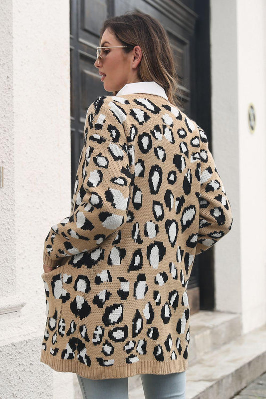 Leopard Open Front Cardigan with Pockets - Trendsi