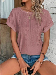 Eyelet Round Neck Short Sleeve T-Shirt - Trendsi