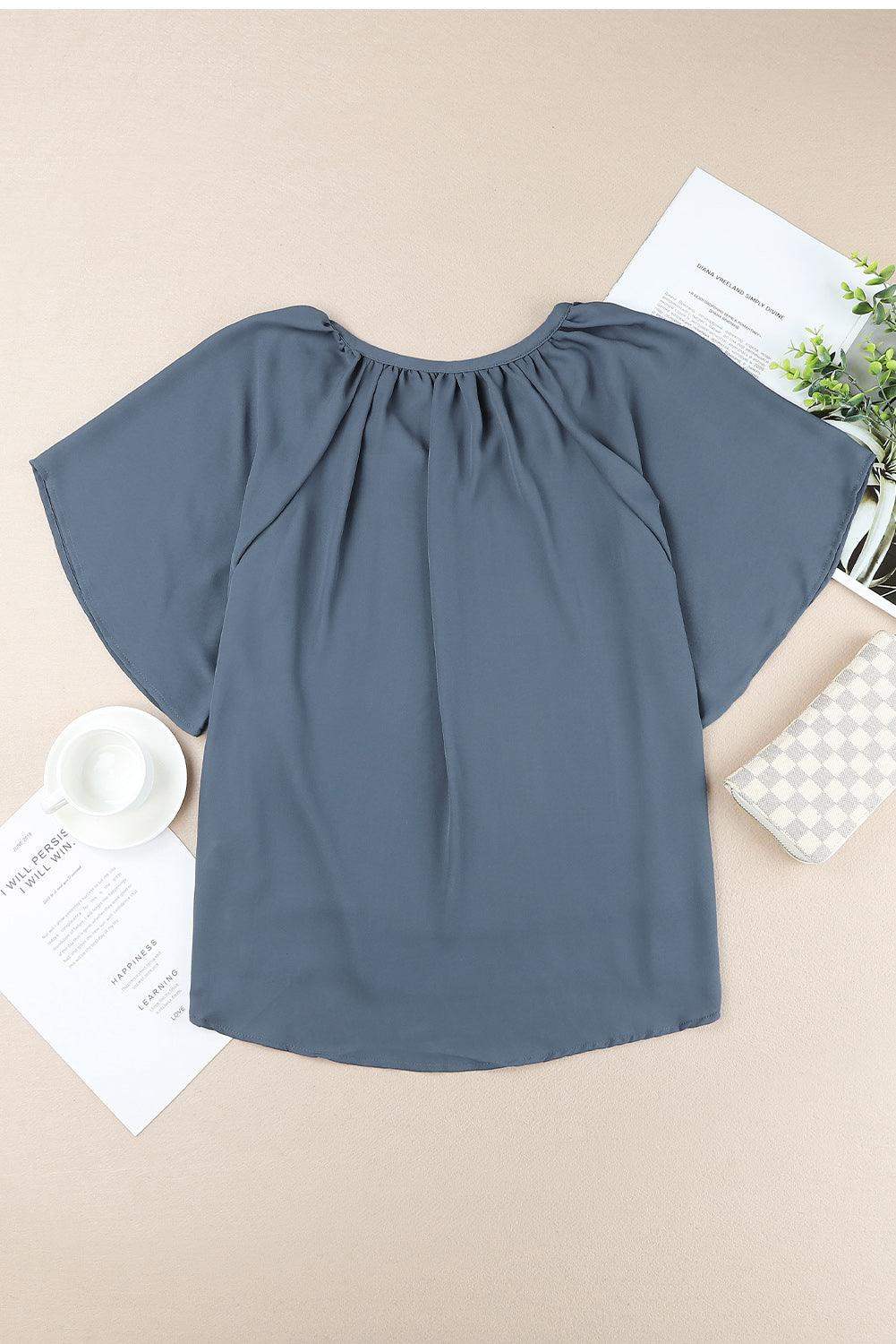 Gathered Detail Notched Neck Flutter Sleeve Top - Trendsi - Flyclothing LLC