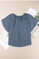 Gathered Detail Notched Neck Flutter Sleeve Top - Trendsi - Flyclothing LLC