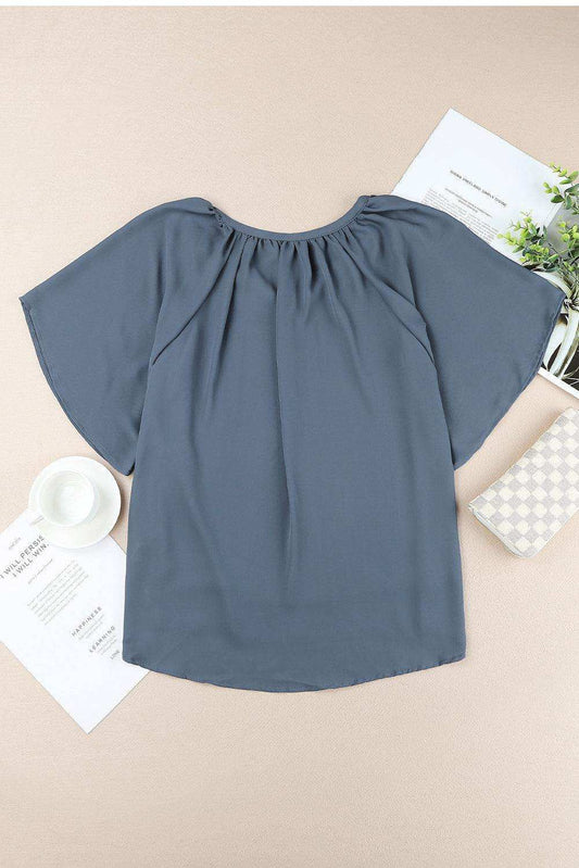 Gathered Detail Notched Neck Flutter Sleeve Top - Trendsi - Flyclothing LLC