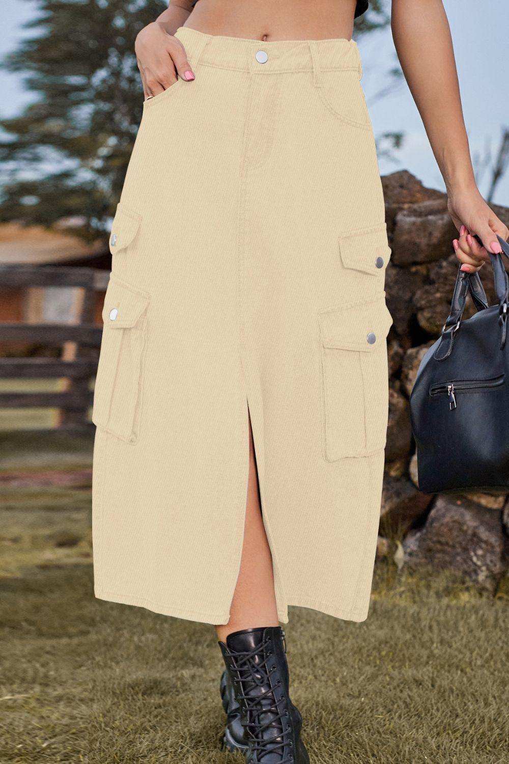 Slit Front Midi Denim Skirt with Pockets - Trendsi - Flyclothing LLC