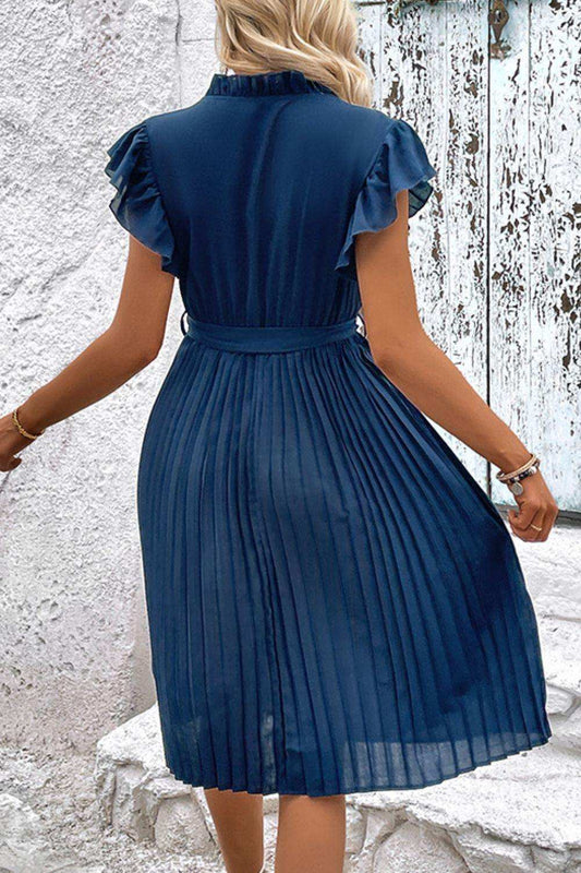 Tie Neck Belted Pleated Dress - Trendsi - Flyclothing LLC