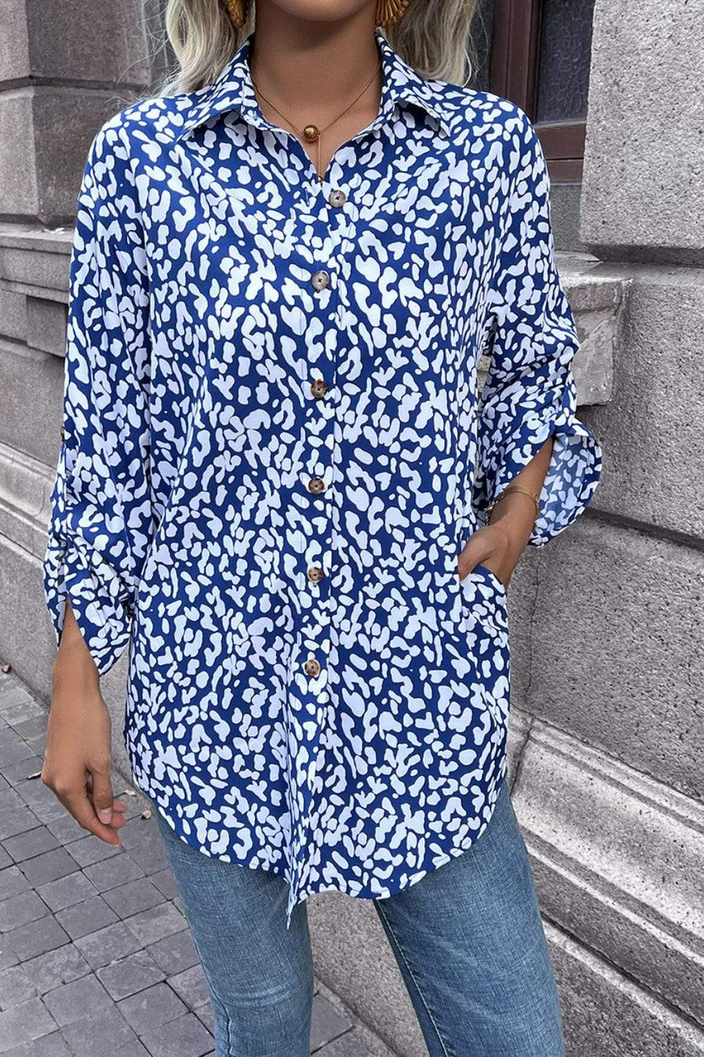 Leopard Roll-Tap Sleeve Shirt - Trendsi - Flyclothing LLC