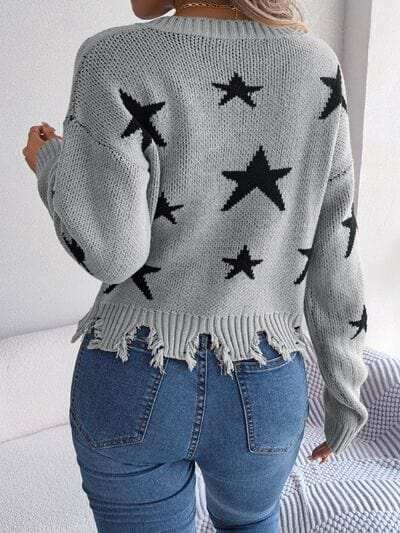 Star Pattern Distressed V-Neck Cropped Sweater - Trendsi - Flyclothing LLC
