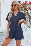 Notched Button Detail Dropped Shoulder Top and Shorts Set - Trendsi - Flyclothing LLC