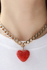 Rhinestone Heart Pendant Curb Chain Necklace - Flyclothing LLC