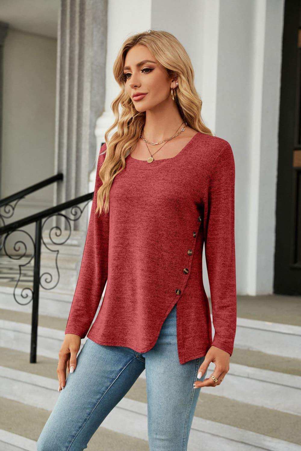 Square Neck Long Sleeve Slit T-Shirt - Trendsi - Flyclothing LLC