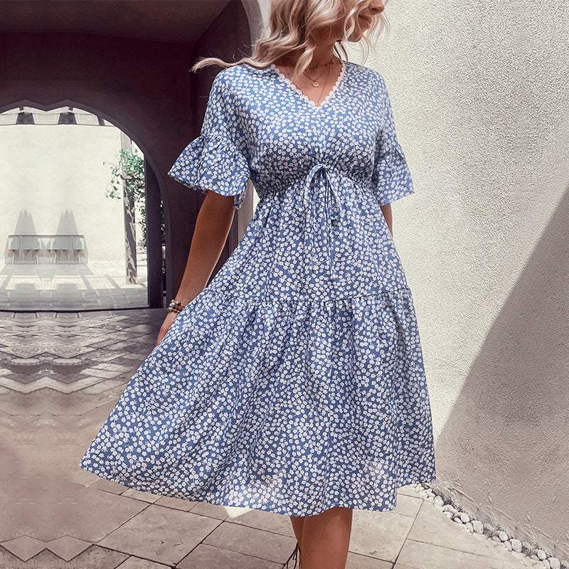 Floral Flounce Sleeve V-Neck Dress - Trendsi - Flyclothing LLC
