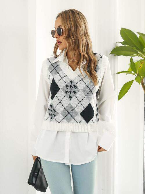 V-Neck Plaid Sweater Vest - Trendsi - Flyclothing LLC