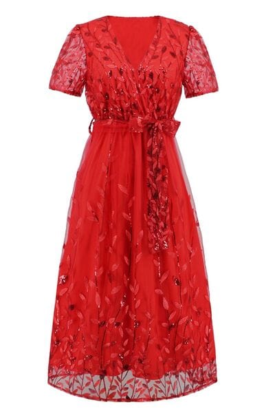 Sequin Leaf Embroidery Tie Front Short Sleeve Dress - Trendsi