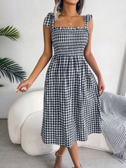 Frill Plaid Square Neck Midi Dress - Trendsi