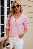 Eyelet Drawstring V-Neck Half Sleeve T-Shirt - Trendsi