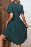 Buttoned V-Neck Flutter Sleeve Pleated Dress - Trendsi