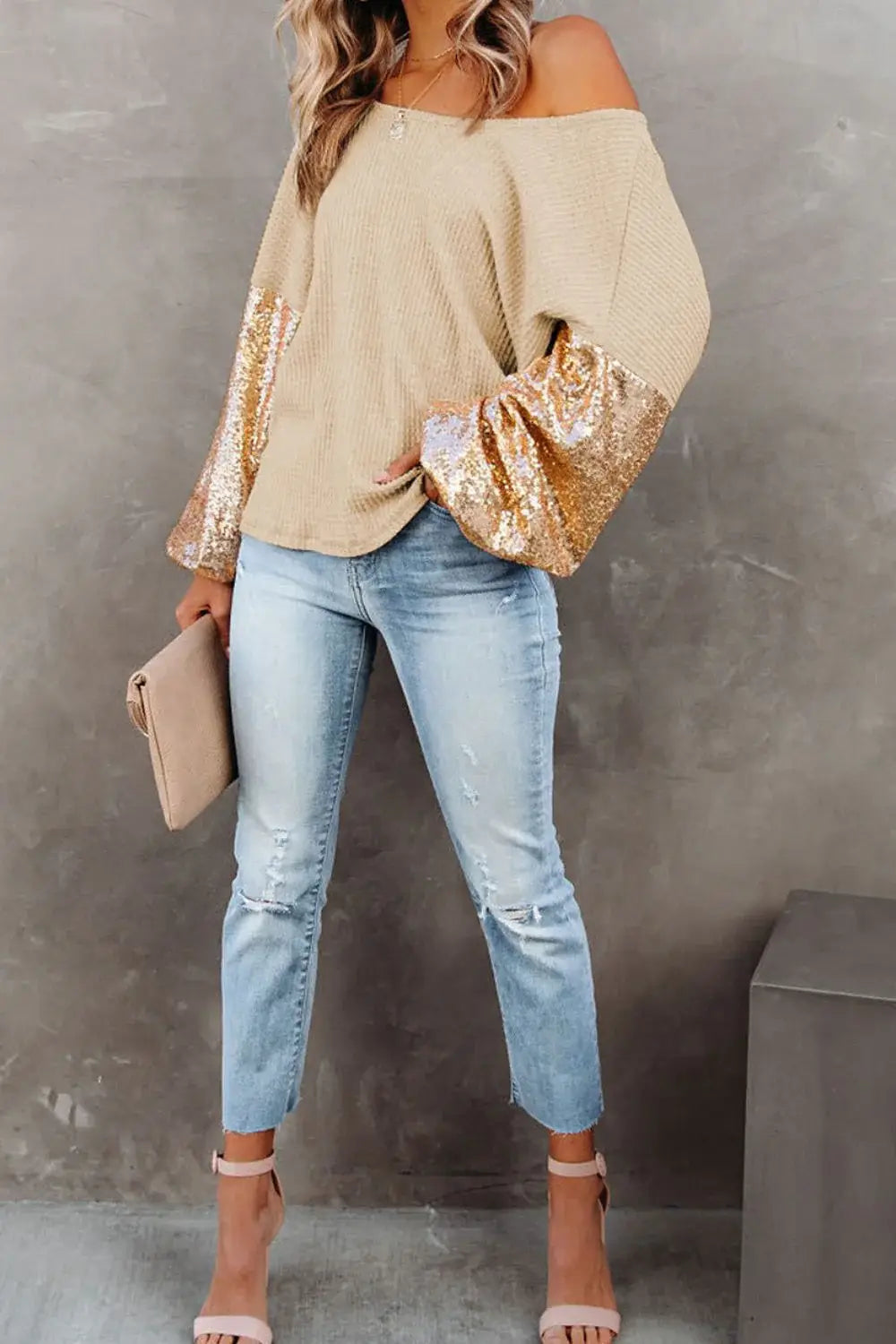 Sequin Waffle-Knit Blouse - Trendsi - Flyclothing LLC
