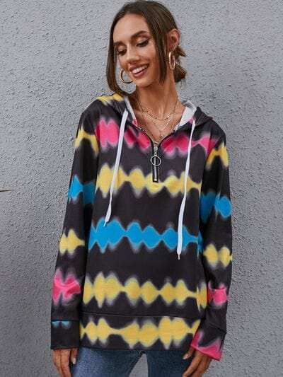 Contrast Quarter Zip Dropped Shoulder Hoodie - Trendsi - Flyclothing LLC