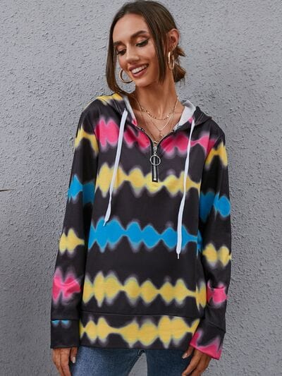 Contrast Quarter Zip Dropped Shoulder Hoodie - Trendsi