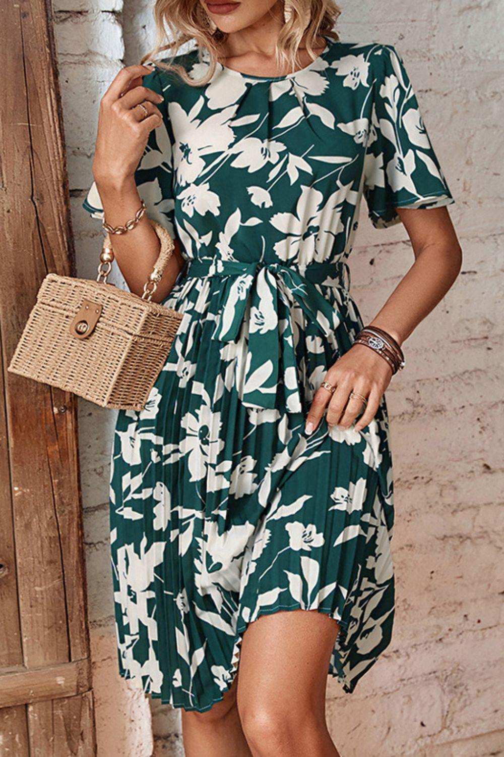 Floral Round Neck Tie Belt Pleated Dress - Trendsi - Flyclothing LLC