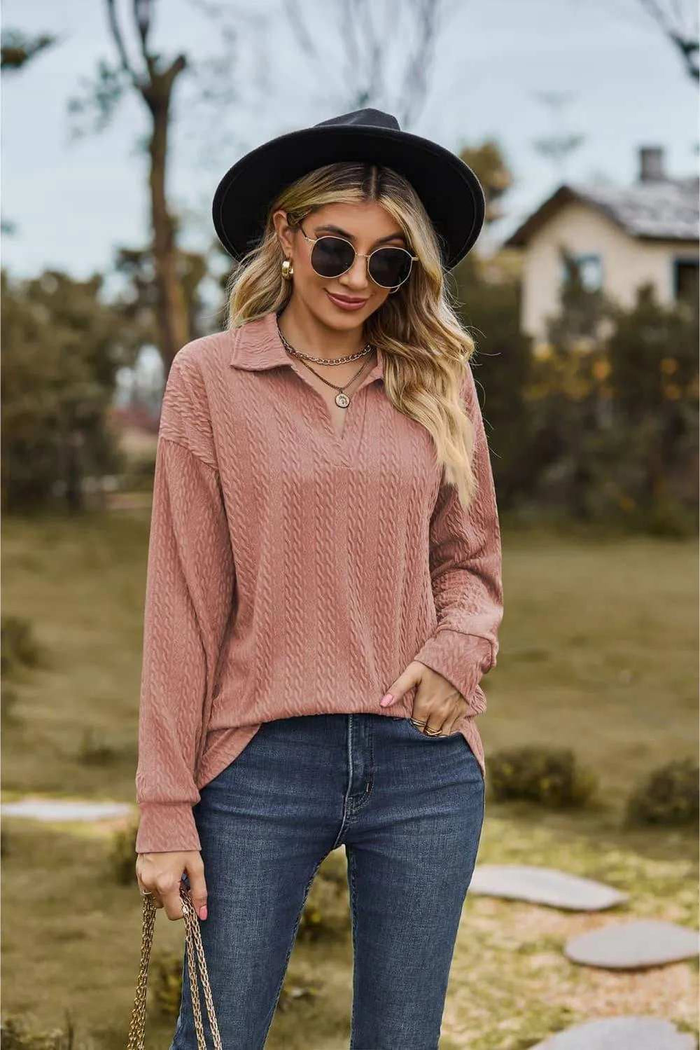 Collared Neck Cable-Knit Long Sleeve Blouse - Trendsi - Flyclothing LLC