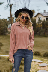 Collared Neck Cable-Knit Long Sleeve Blouse - Trendsi