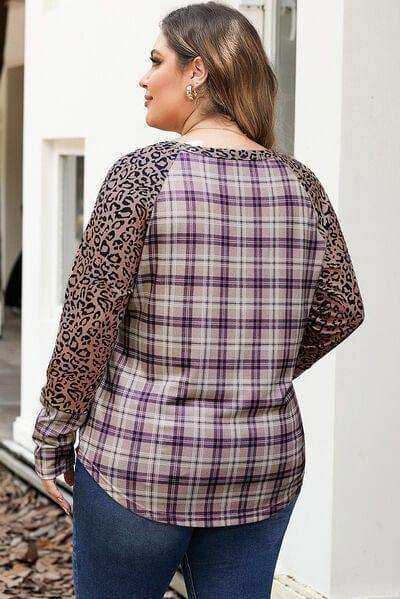 Plus Size Leopard Raglan Sleeve Plaid T-Shirt - Trendsi - Flyclothing LLC