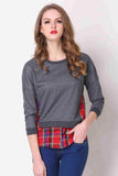 Full Size Plaid Patch Drop Shoulder Round Neck Top - Trendsi - Flyclothing LLC