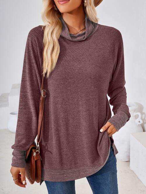 Contrast Mock Neck Long Sleeve T-Shirt - Trendsi - Flyclothing LLC