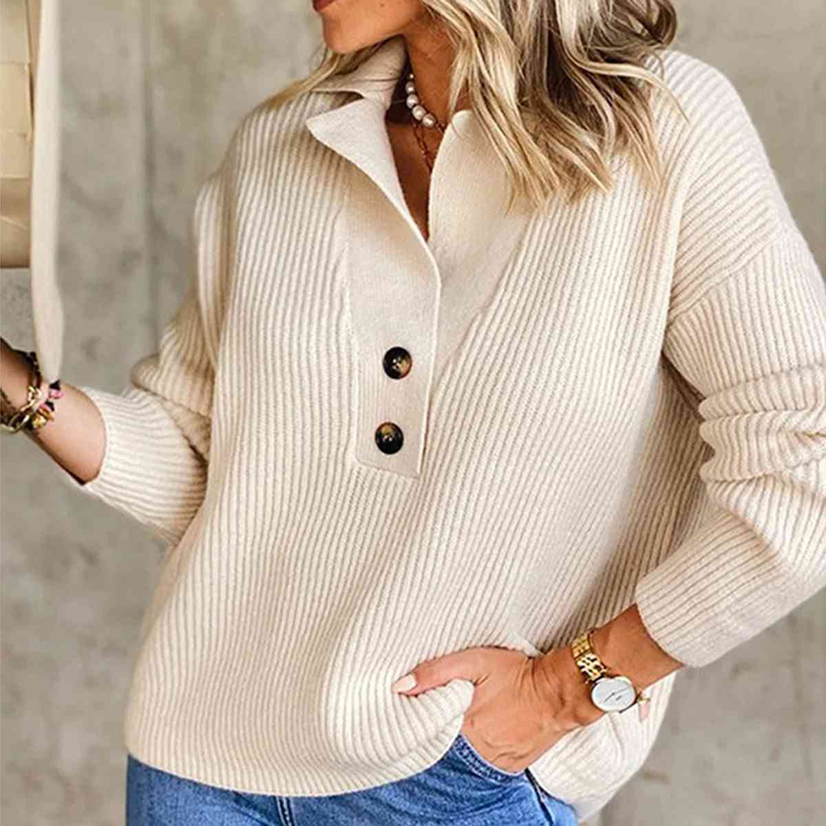 Collared Neck Rib-Knit Top - Trendsi - Flyclothing LLC