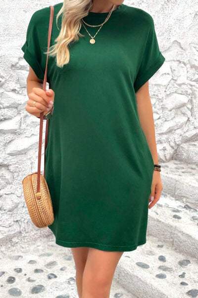 Pocketed Round Neck Short Sleeve Dress - Trendsi - Flyclothing LLC