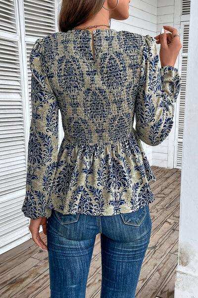 Smocked Printed Balloon Sleeve Blouse - Trendsi - Flyclothing LLC