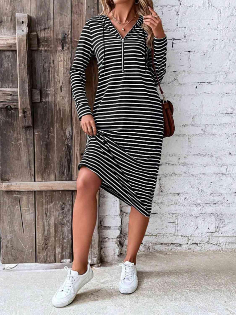 Striped Zip Front Hooded Dress - Trendsi