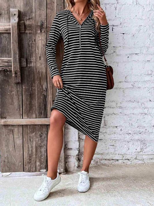 Striped Zip Front Hooded Dress - Trendsi - Flyclothing LLC