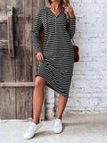 Striped Zip Front Hooded Dress - Trendsi