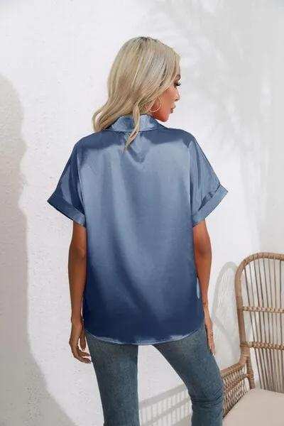 Collared Neck Short Sleeve Shirt - Trendsi - Flyclothing LLC