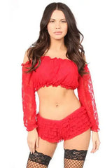 Daisy Corsets Red Lined Lace Long Sleeve Peasant Top - Daisy Corsets - Flyclothing LLC
