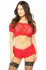 Daisy Corsets Red Sheer Lace Short Sleeve Peasant Top