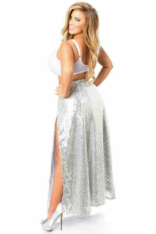 Daisy Corsets Top Drawer Long Silver Sequin Skirt