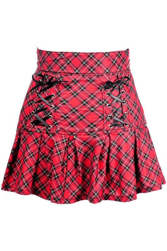 Daisy Corsets Red Plaid Lace-Up Stretch Lycra Skirt