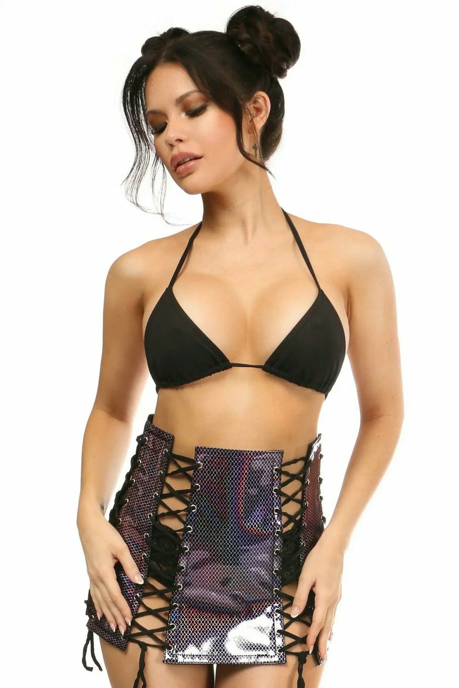 Daisy Corsets Rainbow Fishnet Pattern PVC Lace-Up Skirt - Daisy Corsets - Flyclothing LLC
