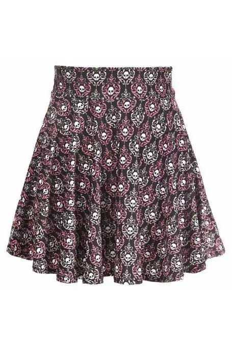 Daisy Corsets Pink & White Skulls Stretch Lycra Skirt - Daisy Corsets
