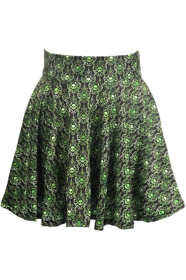 Daisy Corsets Green Skulls Gothic Print Stretch Lycra Skirt - Daisy Corsets - Flyclothing LLC