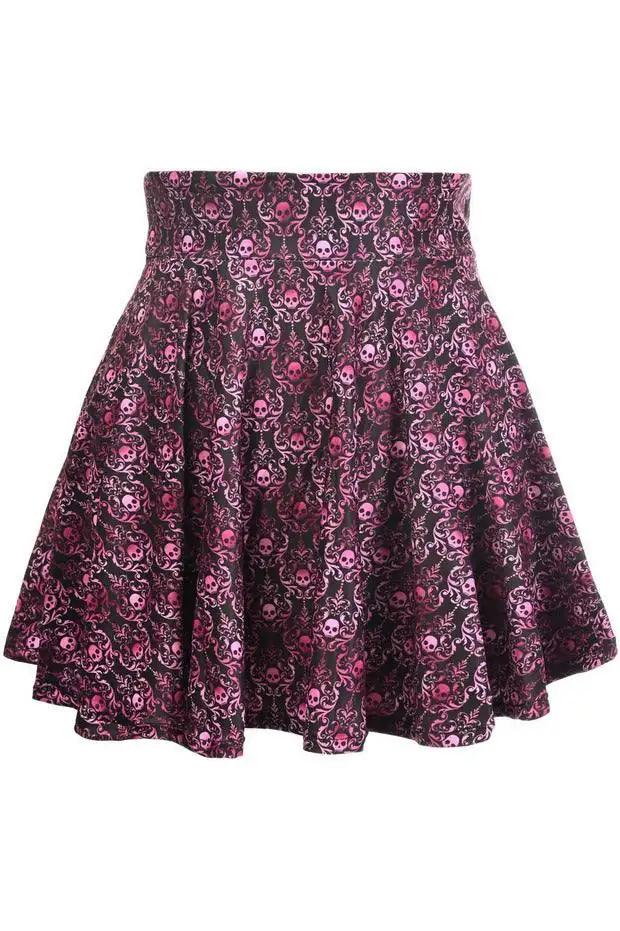 Daisy Corsets Purple Skulls Gothic Print Stretch Lycra Skirt - Daisy Corsets