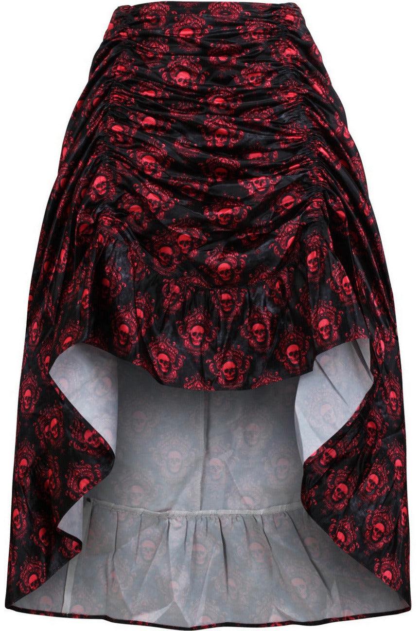 Daisy Corsets Red & Black Skull Satin Adjustable High Low Skirt - Daisy Corsets