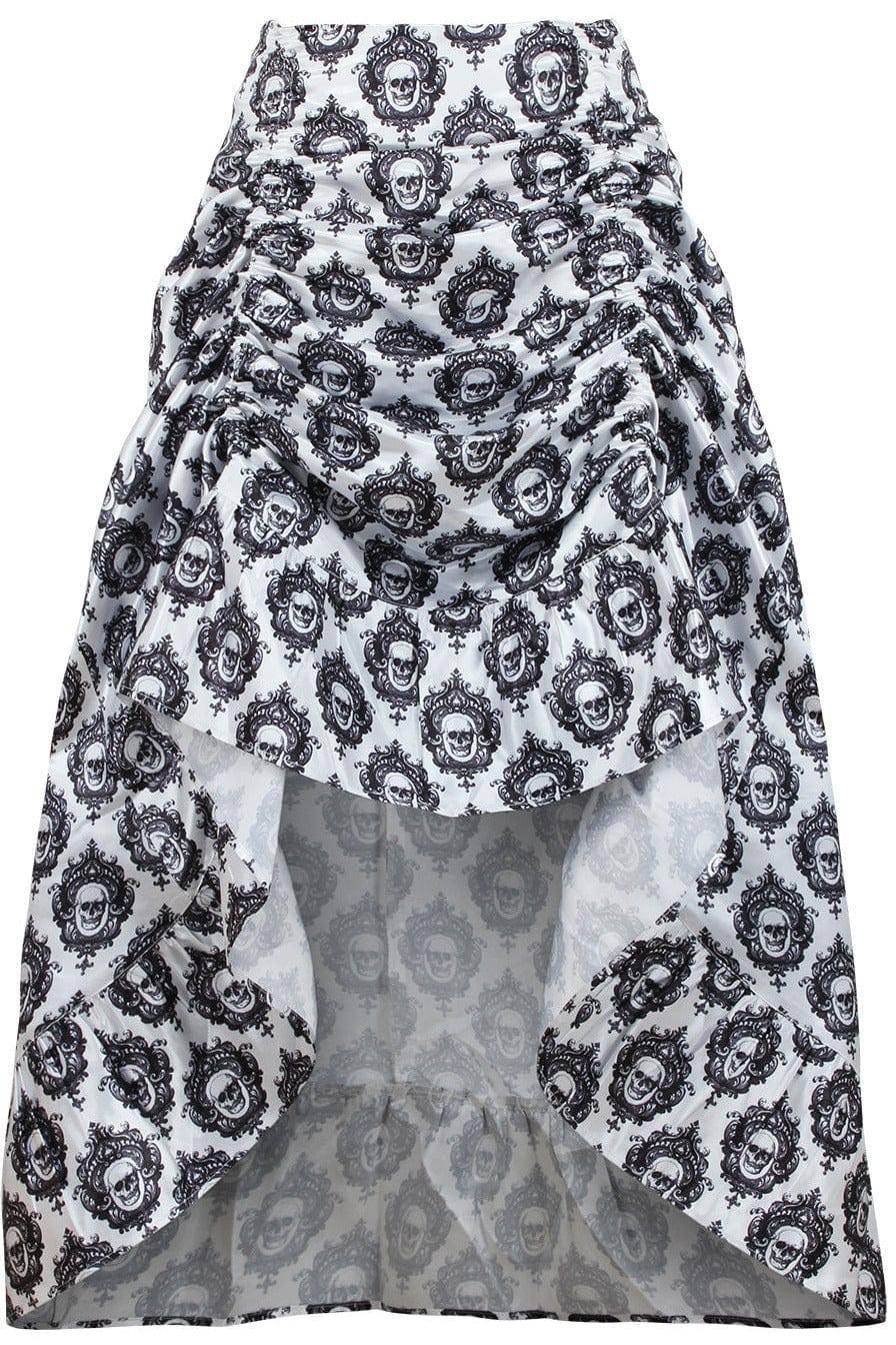 Daisy Corsets White & Black Skull Satin Adjustable High Low Skirt - 34" Long - Daisy Corsets