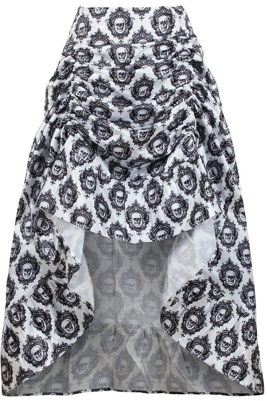 Daisy Corsets White & Black Skull Satin Adjustable High Low Skirt - 34" Long - Daisy Corsets