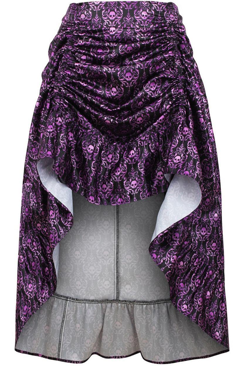 Daisy Corsets Purple & Black Skull Satin Adjustable High Low Skirt - 34" Long - Daisy Corsets
