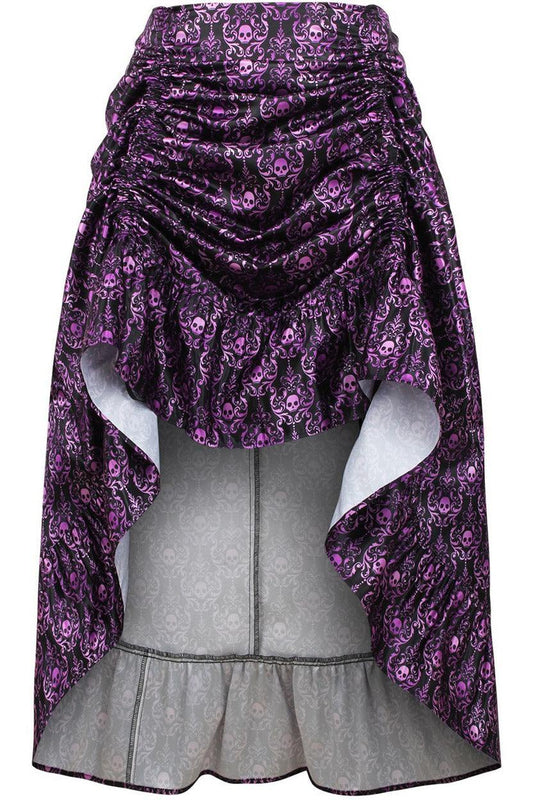 Daisy Corsets Purple & Black Skull Satin Adjustable High Low Skirt - 34" Long - Daisy Corsets