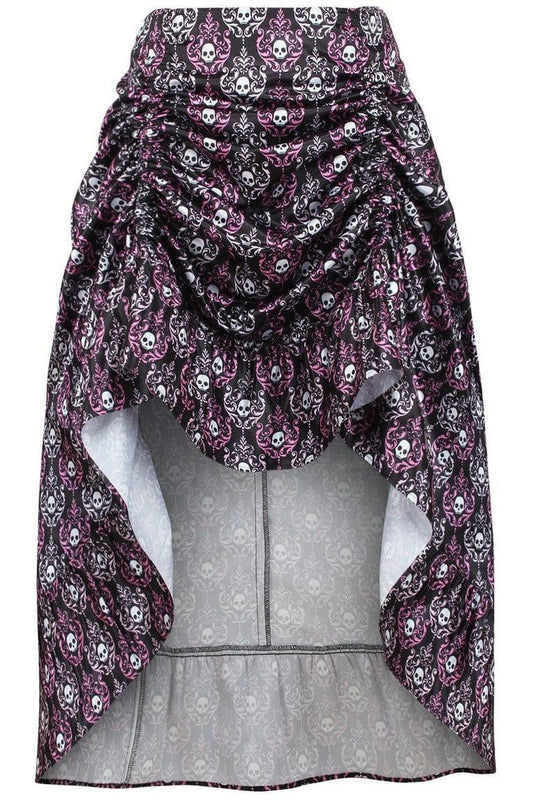 Daisy Corsets Black/White/Purple Skull Satin Adjustable High Low Skirt - 34" Long - Daisy Corsets