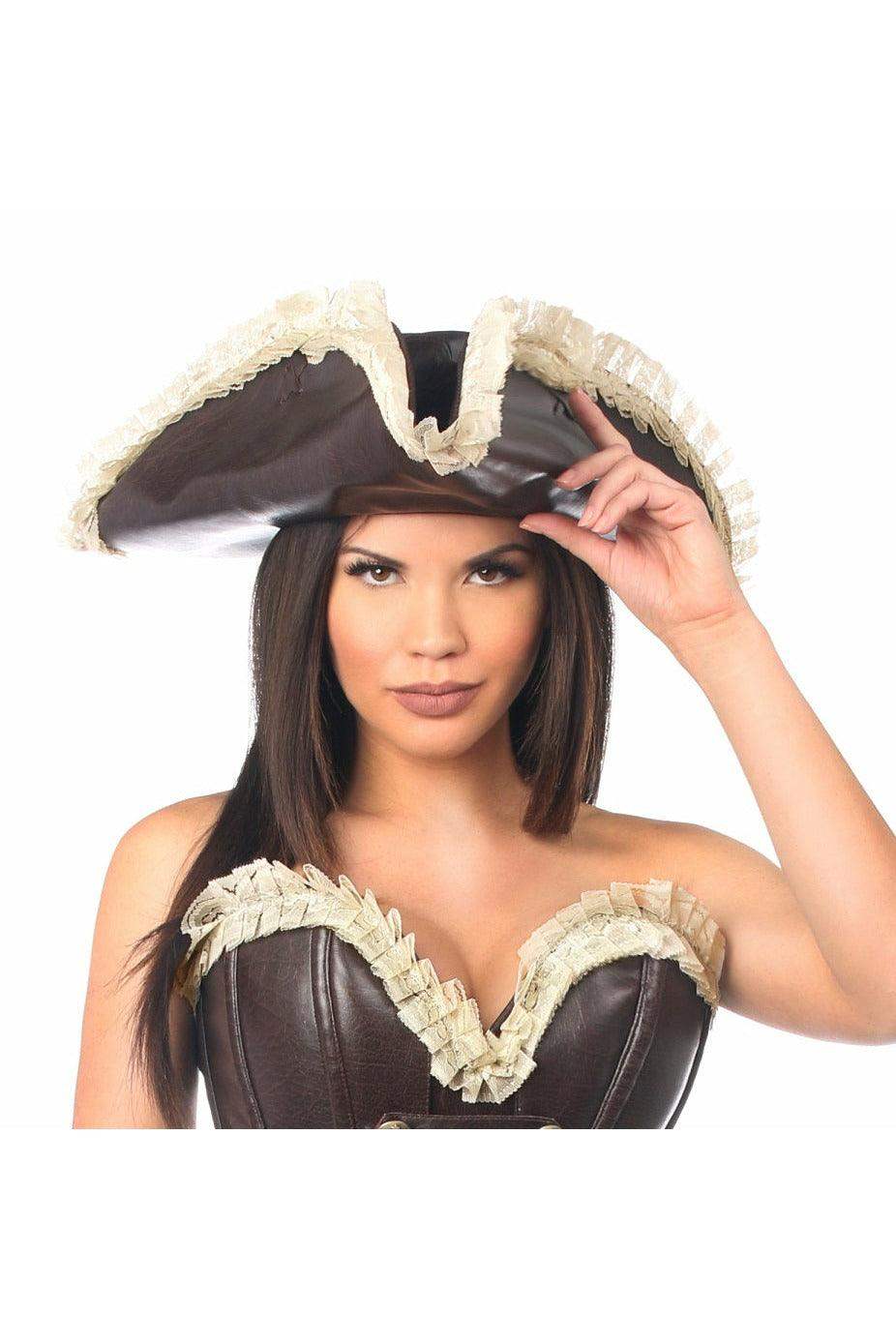Dark Brown Distressed Faux Leather w/Cream Lace Pirate Hat - Daisy Corsets - Flyclothing LLC